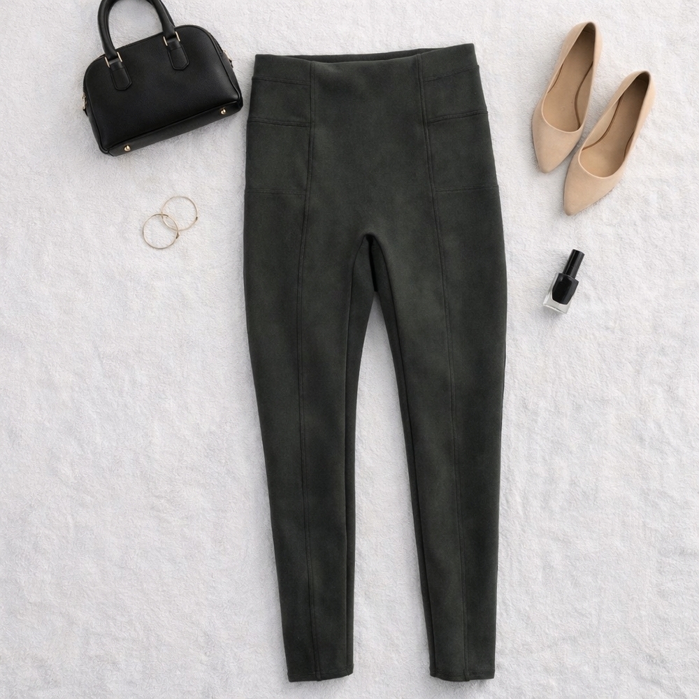 SPANX Military Green Pull On Faux Suede Seamless Leggings. Ladies Large